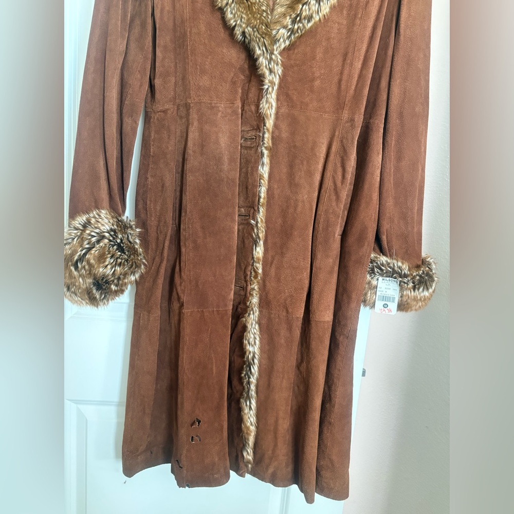 Wilsons Leather Brown Suede Faux Fur Trim Long Coat NWT - Picture 5 of 6